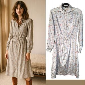 Vintage 1970s Lady Manhattan 8 Long Sleeve SILK Secretary Dress Floral Gray Pink